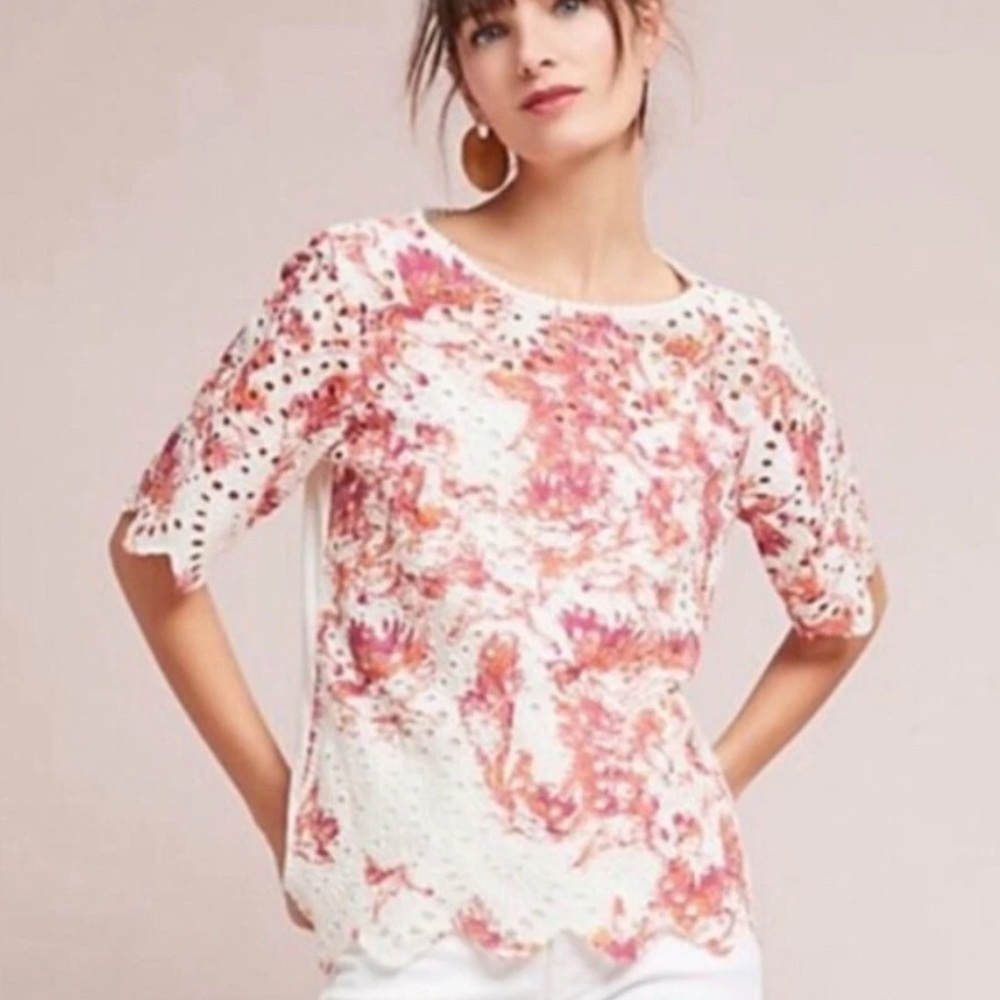 Anthropologie Porridge XS Floral Eyelet Top ~ Short Sleeve‎ Peasant